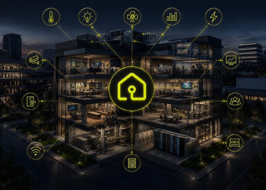 Immeuble de bureaux en coupe, la nuit : CVC, éclairage, ventilation, comptage énergétique, contrôle d’accès, vidéosurveillance, réseau et supervision reliés à une GTB.