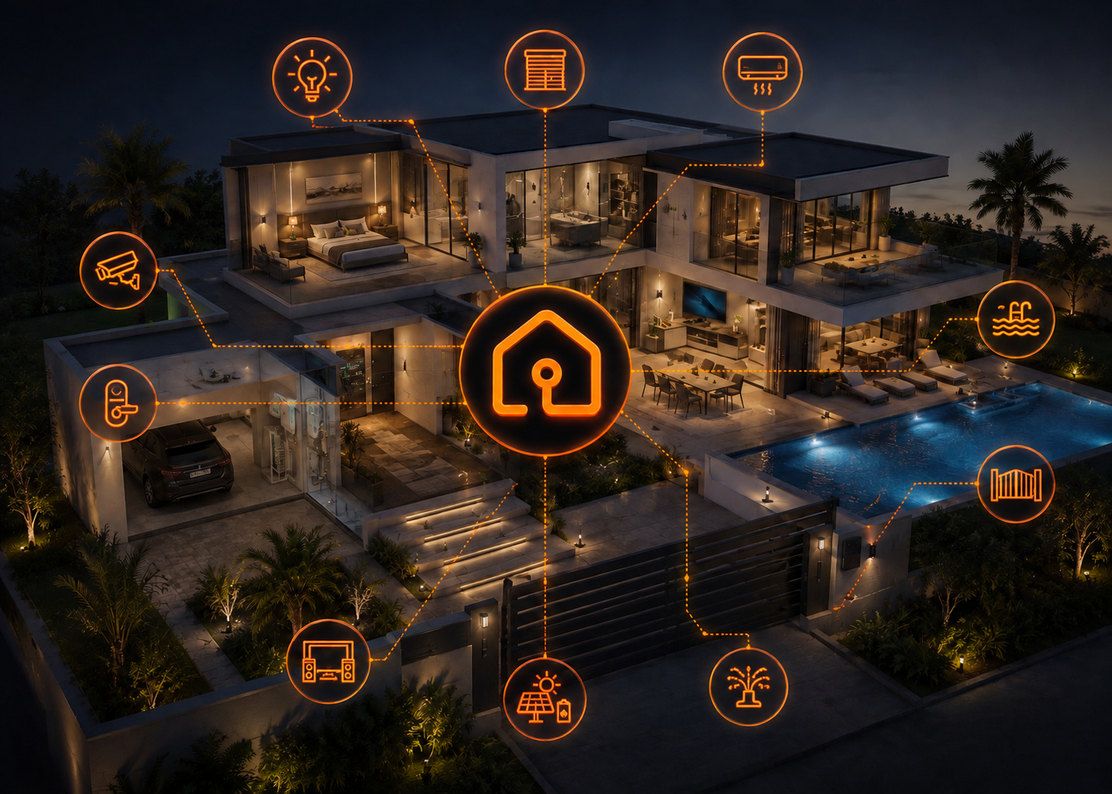 Villa contemporaine avec piscine, la nuit : éclairage, volets, climatisation, vidéosurveillance, serrure connectée, home cinéma, solaire, arrosage et portail reliés à un système unique.