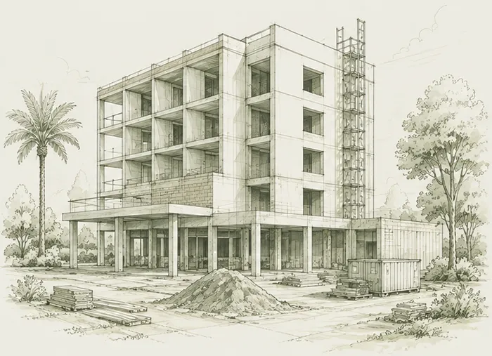 Croquis d'architecte d'un hôtel en construction, structure béton sur cinq niveaux, échafaudage de cage d'ascenseur et matériaux entreposés au pied du bâtiment.