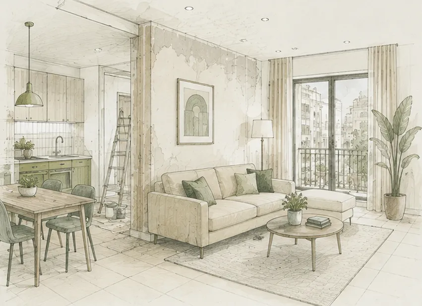 Croquis d'architecte du séjour d'un appartement meublé en cours de rafraîchissement, escabeau et pot de peinture près d'une cloison, balcon donnant sur la ville.