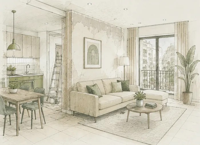 Croquis d'architecte du séjour d'un appartement meublé en cours de rafraîchissement, escabeau et pot de peinture près d'une cloison, balcon donnant sur la ville.