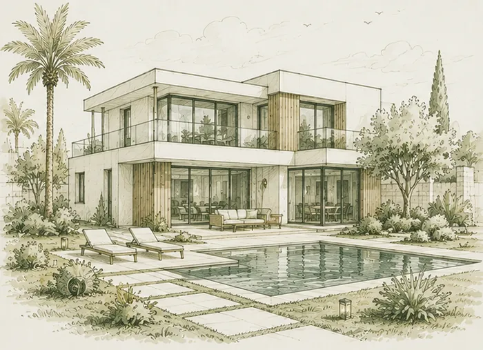 Croquis d'architecte d'une villa contemporaine à patio et piscine, deux niveaux, baies vitrées et jardin méditerranéen.