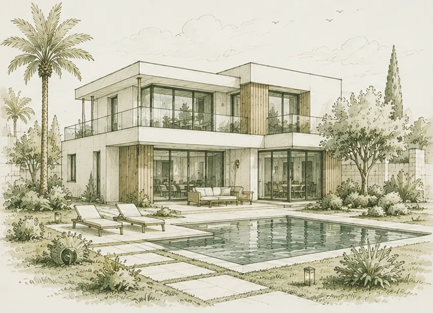 Croquis d'architecte d'une villa contemporaine à patio et piscine, deux niveaux, baies vitrées et jardin méditerranéen.