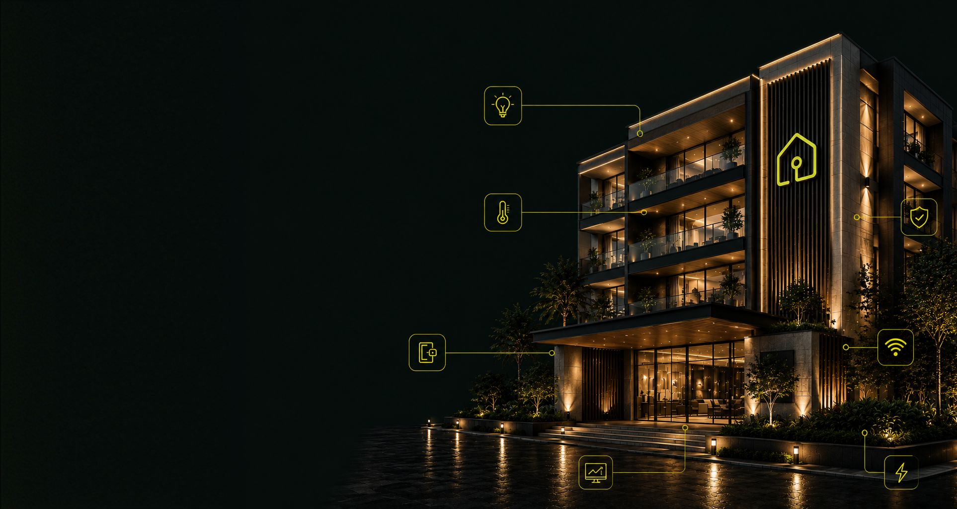 Immeuble contemporain éclairé de nuit, ses fonctions pilotées repérées une à une — éclairage, température, contrôle d’accès, sécurité, Wi-Fi, énergie et supervision.