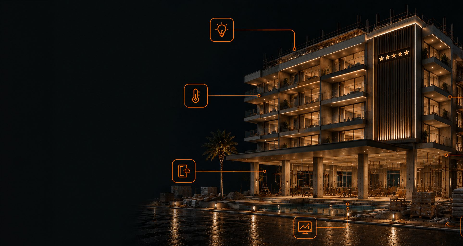 Hôtel de bord de mer éclairé de nuit, en fin de chantier, ses fonctions pilotées repérées une à une — éclairage, température de chambre, contrôle d'accès et supervision.