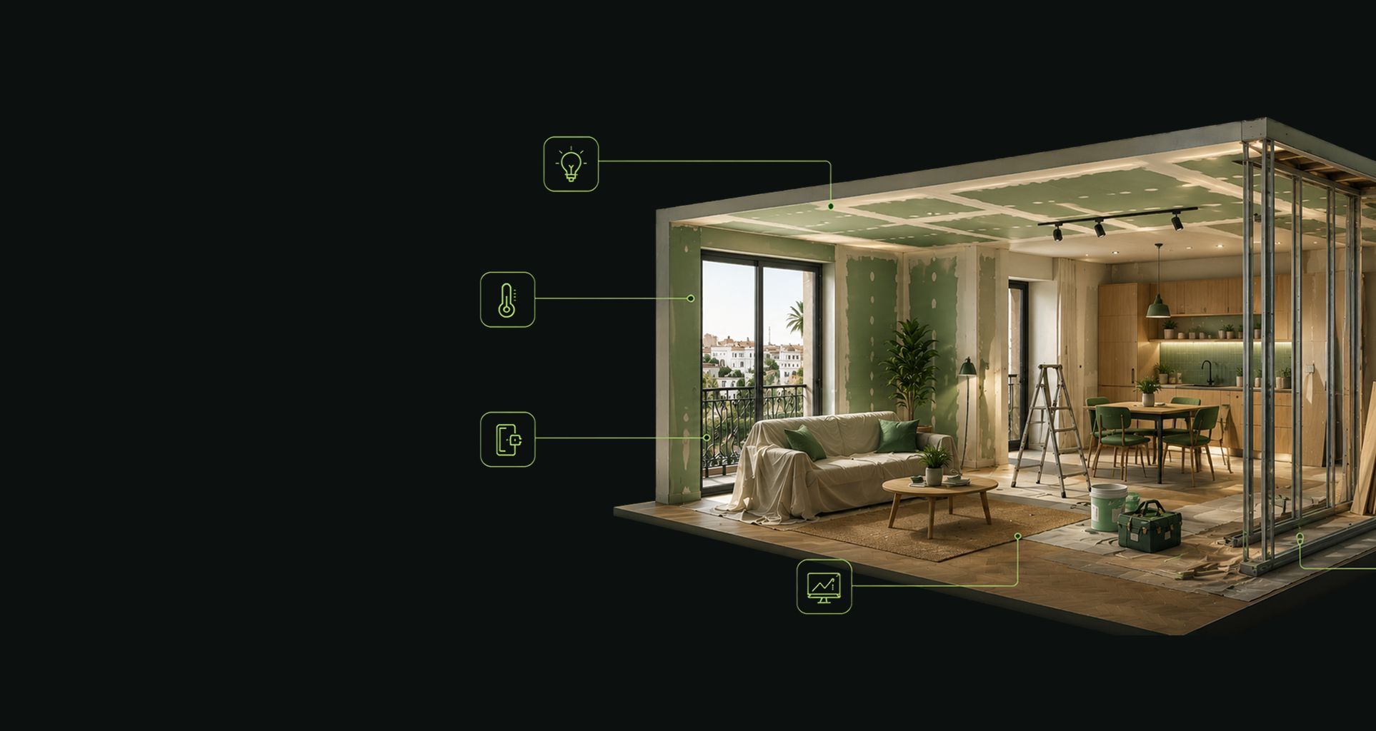 Appartement en cours de rénovation légère, cloisons ouvertes et outils encore présents, ses fonctions pilotées repérées une à une — éclairage, température, accès et suivi.
