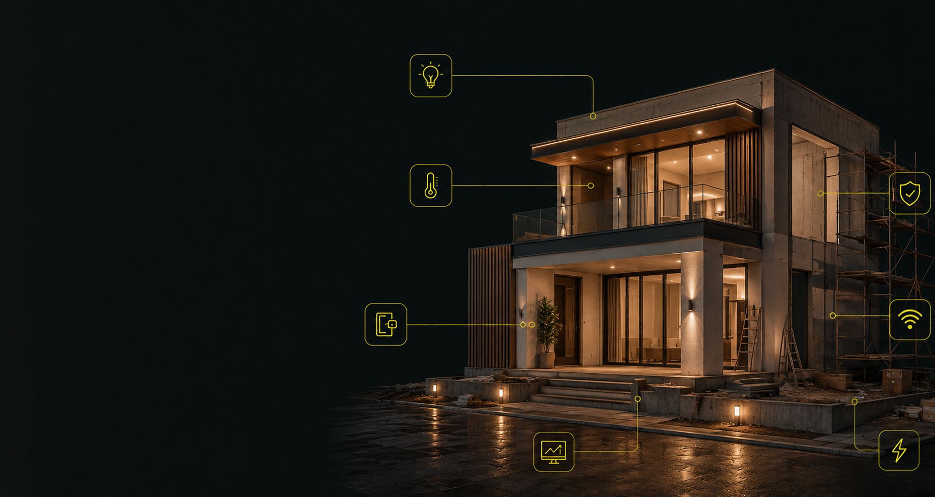 Villa contemporaine de nuit en fin de chantier, échafaudage encore en place, ses fonctions pilotées repérées une à une — éclairage, température, contrôle d'accès, sécurité, réseau et supervision.
