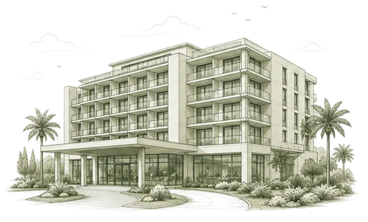Croquis d’architecte d’un hôtel contemporain : les livrables de fin de chantier valent pour le résidentiel comme pour le tertiaire.