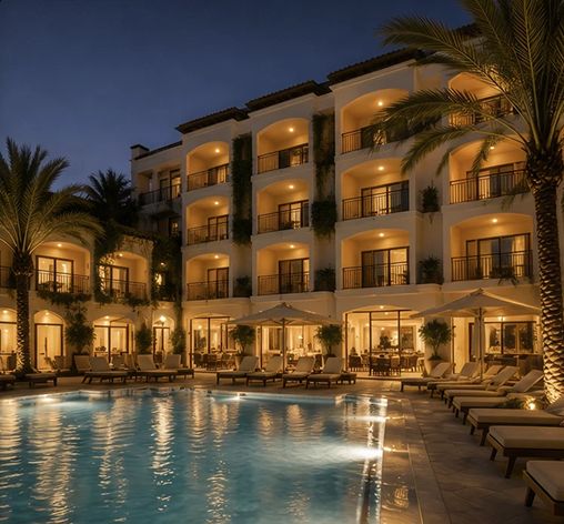 Hôtel en exploitation la nuit, piscine et terrasse éclairées, transats en place : l'établissement reçoit des clients pendant les travaux.