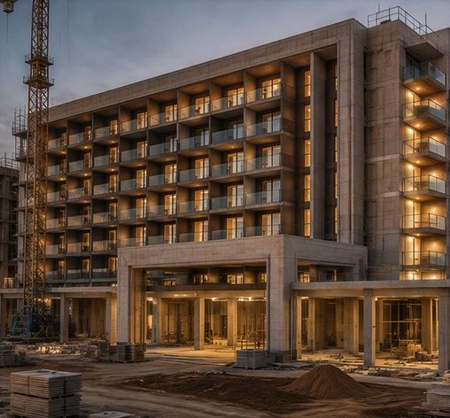 Hôtel en construction au crépuscule, grue et structure béton apparente : colonnes montantes et armoires de palier encore accessibles.