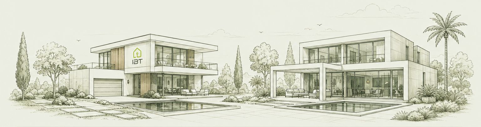 Croquis d’architecte de deux villas contemporaines de gabarit comparable, avec piscine et jardin : à surface équivalente, les installations domotiques diffèrent selon l’usage.