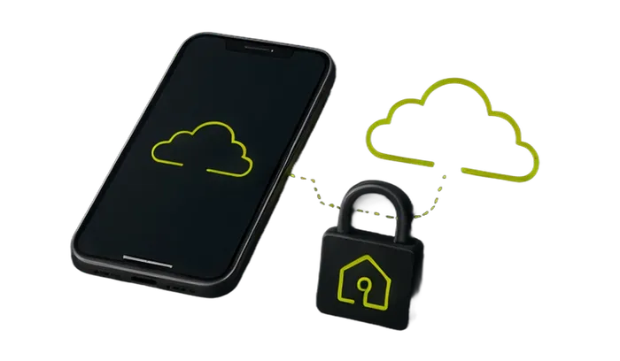 Smartphone, cadenas et nuage reliés en pointillés : une installation qui ne dépend pas d’un cloud pour fonctionner.