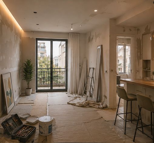Appartement meublé en cours de rafraîchissement, bâches au sol et pot de peinture : rien n'est ouvert, le tableau reste en place.