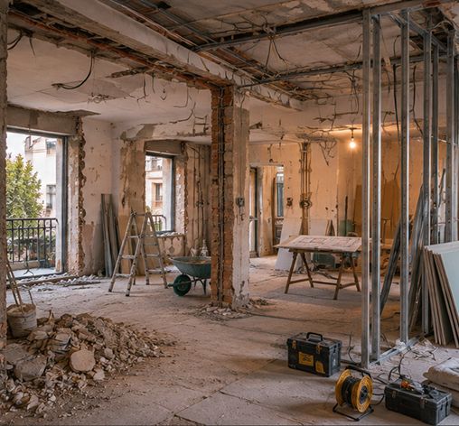 Logement mis à nu en rénovation lourde, cloisons déposées et gaines électriques apparentes : tout est accessible, y compris le tableau.