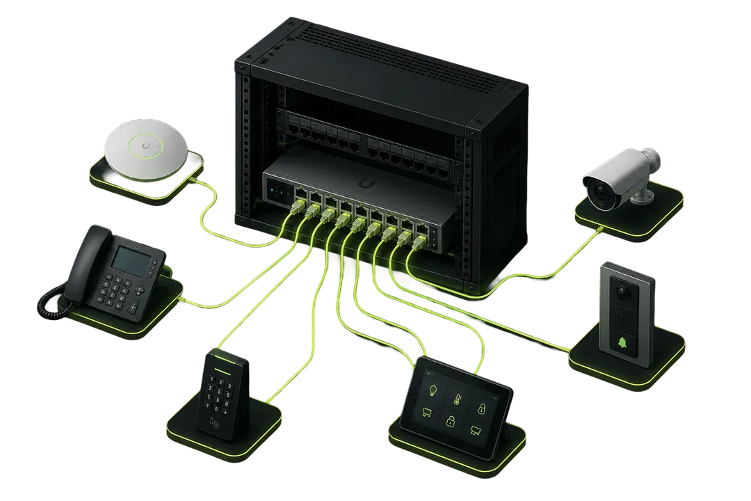 Baie technique équipée d’un switch Ubiquiti PoE : un câble vert par équipement alimenté depuis le switch — borne Wi-Fi, caméra de vidéosurveillance, portier vidéo, lecteur de badge, téléphone IP et écran de commande.