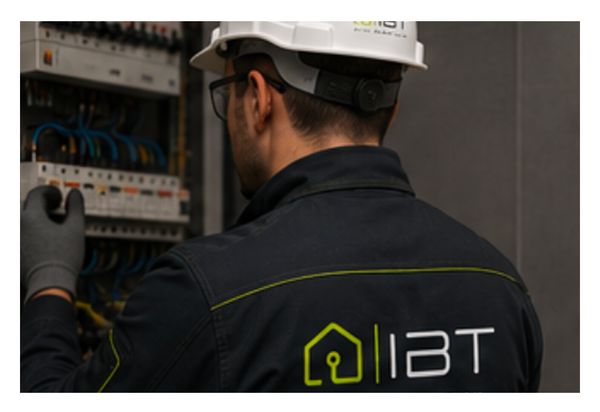 Technicien IBT raccordant le coffret de courant faible sur un chantier.