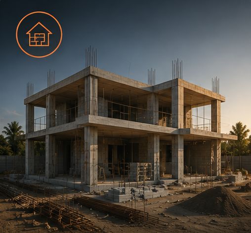 Villa en construction, structure béton et poteaux apparents : le tableau et les cheminements sont encore à créer.