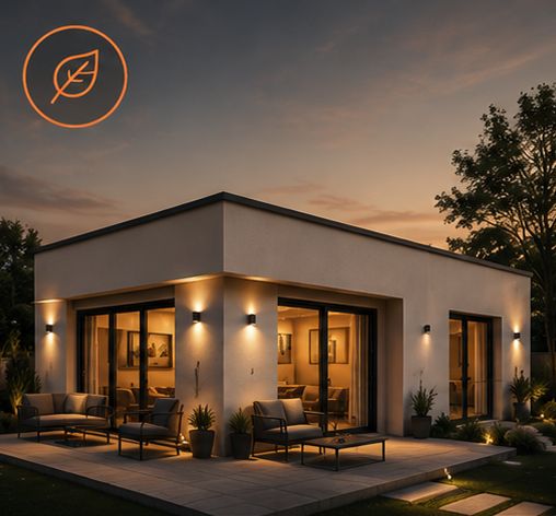 Villa contemporaine habitée, éclairage extérieur allumé au crépuscule : le bâtiment reste en l'état, on n'ouvre rien.