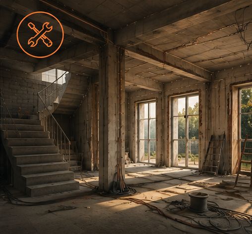 Intérieur de villa mis à nu pendant une rénovation lourde : cloisons déposées, gaines et câbles à reprendre.